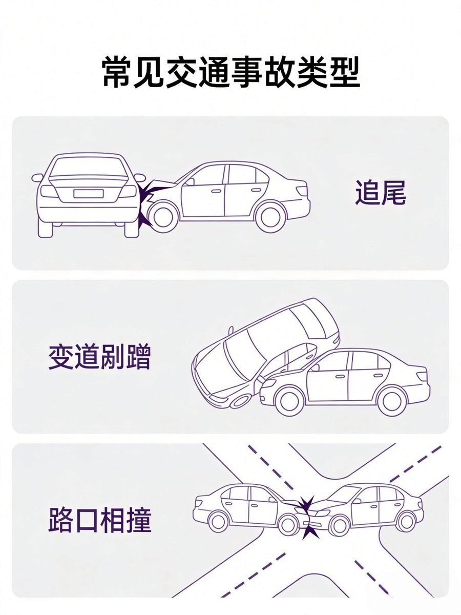 常见交通事故类型：追尾、变道剐蹭、路口相撞